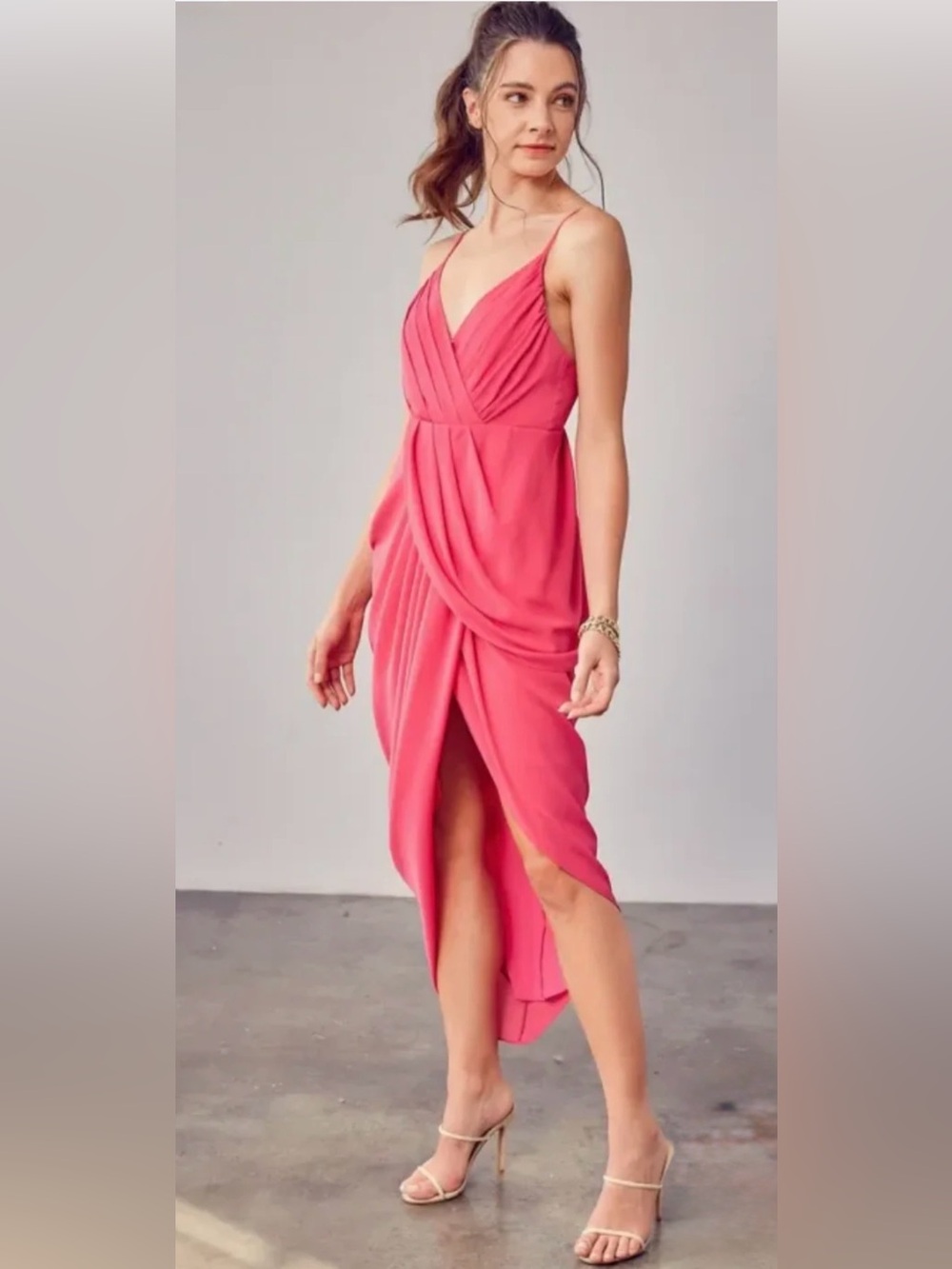 DO+BE Hot Pink Draped Midi Dress Open Back Cocktail Party Wedding Guest